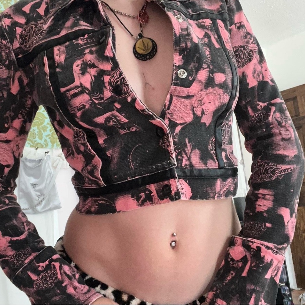 Vintage Lip Service Pink and Black Newsprint Graphic Cropped Jacket